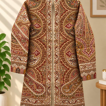 Women’s Kashmiri Style Long Jacket – Beige cream Jamawar Kani  Paisley Tapestry Coat, Elegant Ethnic Indo Western Jacket