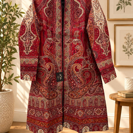 Women’s Kashmiri Style Long Jacket – Red Jamawar Kani  Paisley Tapestry Coat, Elegant Ethnic Indo Western Jacket