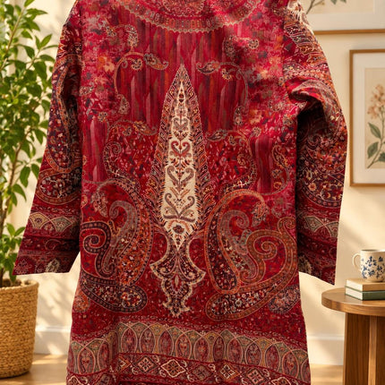 Women’s Kashmiri Style Long Jacket – Red Jamawar Kani  Paisley Tapestry Coat, Elegant Ethnic Indo Western Jacket