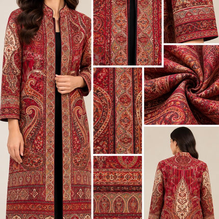 Women’s Kashmiri Style Long Jacket – Red Jamawar Kani  Paisley Tapestry Coat, Elegant Ethnic Indo Western Jacket