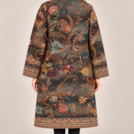 Women’s Kashmiri Style Long Jacket – Black Floral Kani Tapestry Coat, Elegant Ethnic Indo Western Jacket