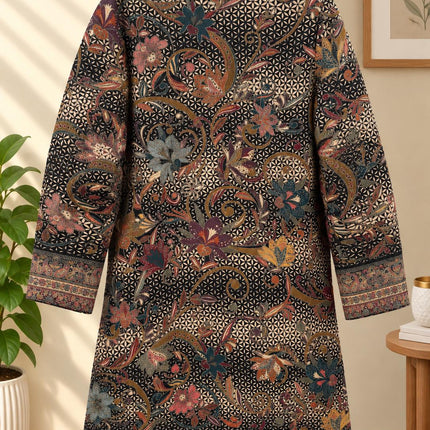 Women’s Kashmiri Style Long Jacket – Black Floral Kani Tapestry Coat, Elegant Ethnic Indo Western Jacket