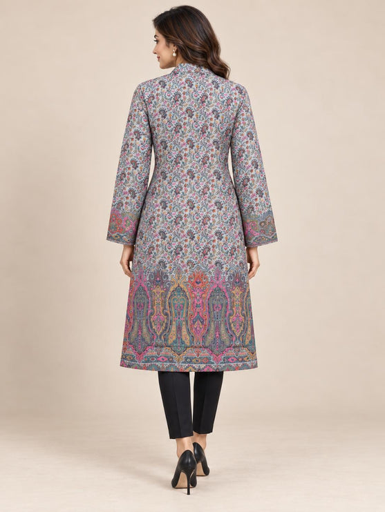 Light Cornflower Blue Kani Jamawar Paisley Silk Jacket for Women, Knee Length Kashmiri Long Coat, Multicolor Ethnic Wedding J
