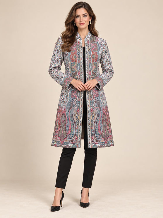 Light Cornflower Blue Kani Jamawar Paisley Silk Jacket for Women, Knee Length Kashmiri Long Coat, Multicolor Ethnic Wedding J