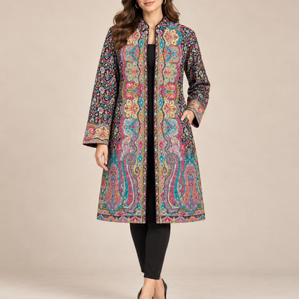 Women's Black & Green Kani Jamawar Knee-Length Jacket - product photo 1