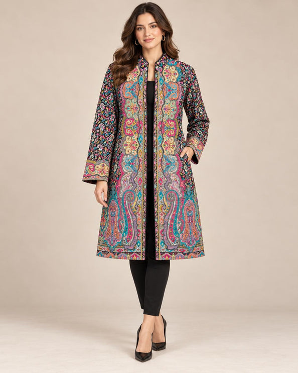 Women's Black & Green Kani Jamawar Knee-Length Jacket - product photo 1