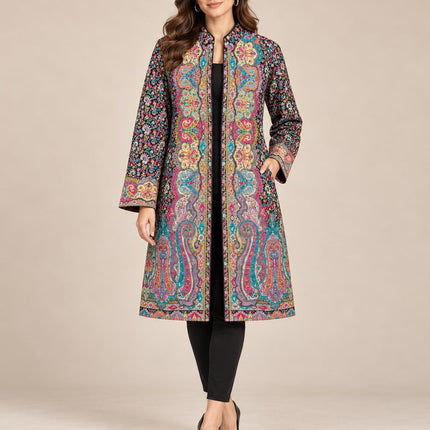Black green multicolor  Kani Jamawar Paisley Silk Jacket for Women, Knee Length Kashmiri Long Coat, Multicolor Ethnic Wedding