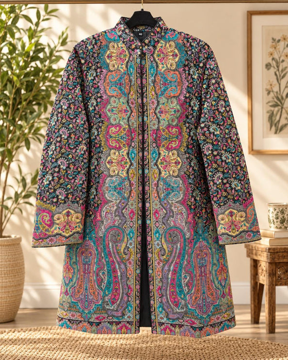 Black green multicolor  Kani Jamawar Paisley Silk Jacket for Women, Knee Length Kashmiri Long Coat, Multicolor Ethnic Wedding