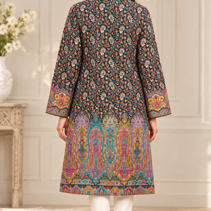 Black green multicolor  Kani Jamawar Paisley Silk Jacket for Women, Knee Length Kashmiri Long Coat, Multicolor Ethnic Wedding