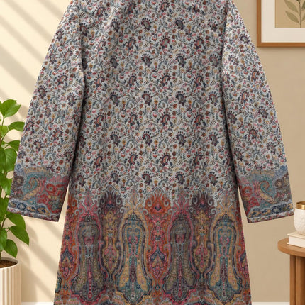 Powder Blue Kani Jamawar Paisley Silk Jacket for Women, Knee Length Kashmiri Long Coat, Multicolor Ethnic Wedding Jacket