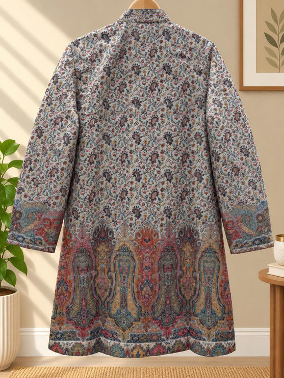Powder Blue Kani Jamawar Paisley Silk Jacket for Women, Knee Length Kashmiri Long Coat, Multicolor Ethnic Wedding Jacket