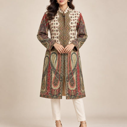 Women's Beige Multicolor Kani Jamawar Wool-Silk Jacket - product photo 1