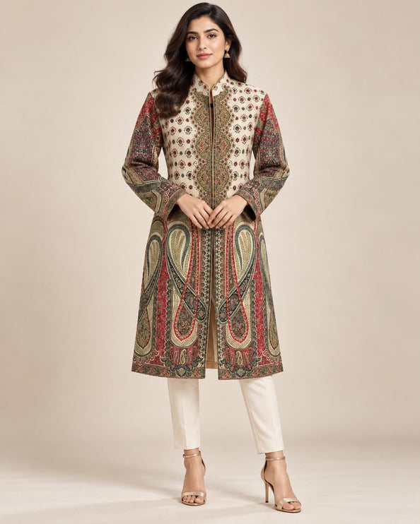 Women's Beige Multicolor Kani Jamawar Wool-Silk Jacket - product photo 1