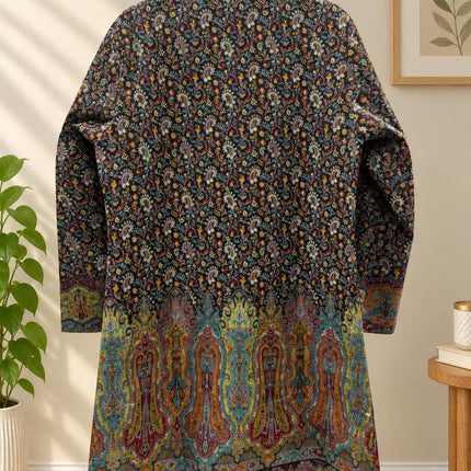 Black multicolor Kani Jamawar Paisley Silk Jacket for Women, Knee Length Kashmiri Long Coat, Multicolor Ethnic Wedding Jacket