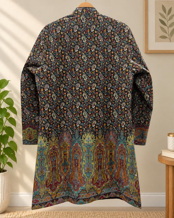 Black multicolor Kani Jamawar Paisley Silk Jacket for Women, Knee Length Kashmiri Long Coat, Multicolor Ethnic Wedding Jacket