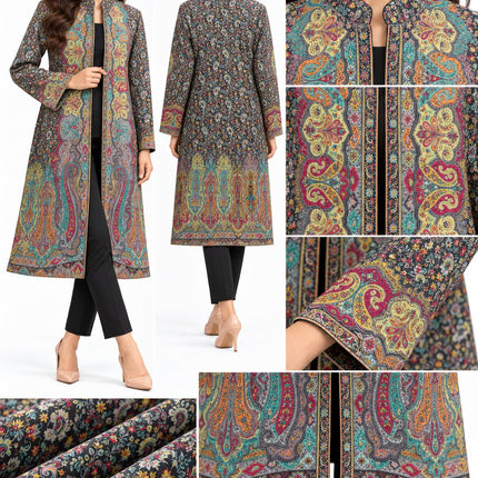 Black multicolor Kani Jamawar Paisley Silk Jacket for Women, Knee Length Kashmiri Long Coat, Multicolor Ethnic Wedding Jacket