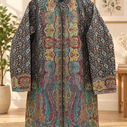Black multicolor Kani Jamawar Paisley Silk Jacket for Women, Knee Length Kashmiri Long Coat, Multicolor Ethnic Wedding Jacket