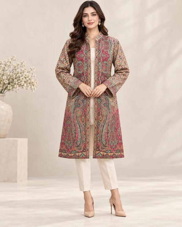 Beige multicolor  Kani Jamawar Paisley Silk Jacket for Women, Knee Length Kashmiri Long Coat, Multicolor Ethnic Wedding Jacke
