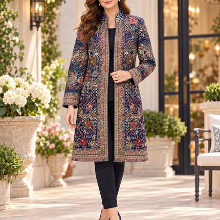Women's Navy Blue Kani Jamawar Knee-Length Jacket - Size 42 - product photo 1