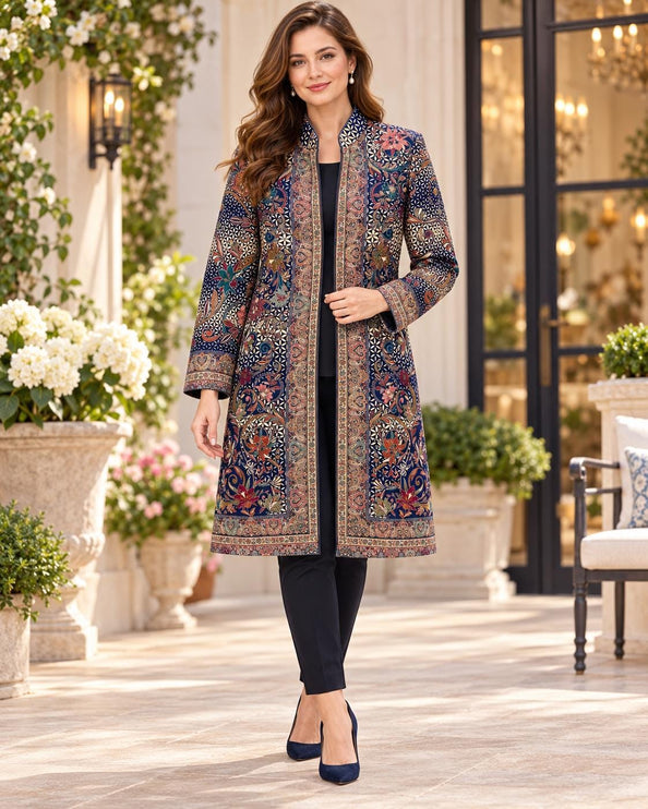 Women's Navy Blue Kani Jamawar Knee-Length Jacket - Size 42 - product photo 1