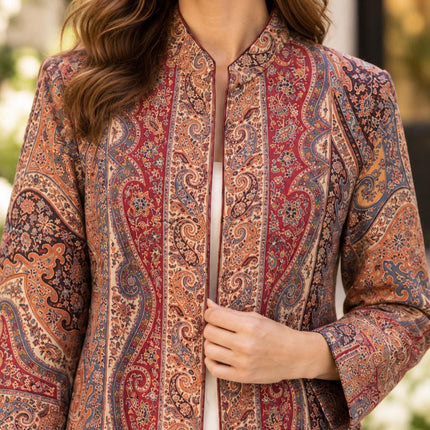Women's Maroon Kani Jamawar Wool-Silk Jacket - Size 46 - product photo 8
