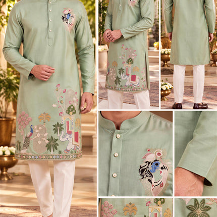 Mint Soft Silk Kurta Set, Embroidered Mens Indo-Western Ensemble (Size 40)