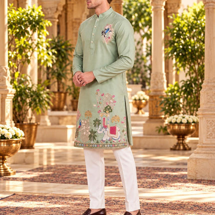 Mint Soft Silk Kurta Set, Embroidered Mens Indo-Western Ensemble (Size 40)