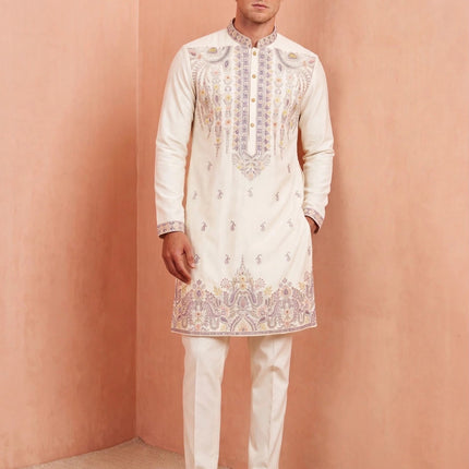 Men's Designer Kurta - Ivory with Pastel Paisley Embroidery - Silk Blend - Size 44