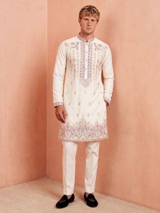 Men's Designer Kurta - Ivory with Pastel Paisley Embroidery - Silk Blend - Size 44