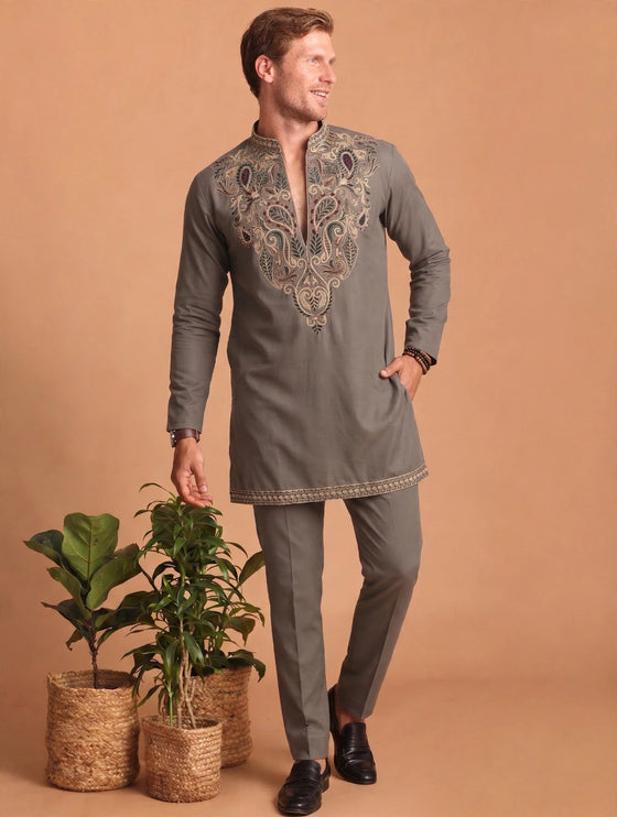 Men's Designer Kurta - Grey with Paisley Embroidery - Silk Blend - Size 42