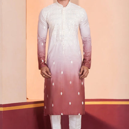 Men's Kurta - Ombré White to Rose Pink - Dual Shade with Sequin Embroidery - Size 38