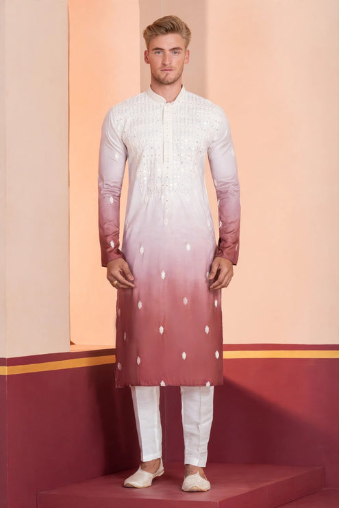 Men's Kurta - Ombré White to Rose Pink - Dual Shade with Sequin Embroidery - Size 38
