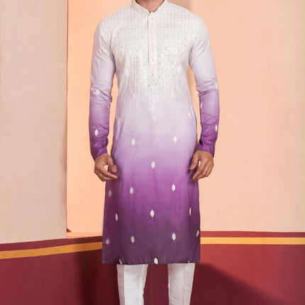 Men's Kurta - Ombré White to Purple - Dual Shade with Sequin Embroidery - Size 40