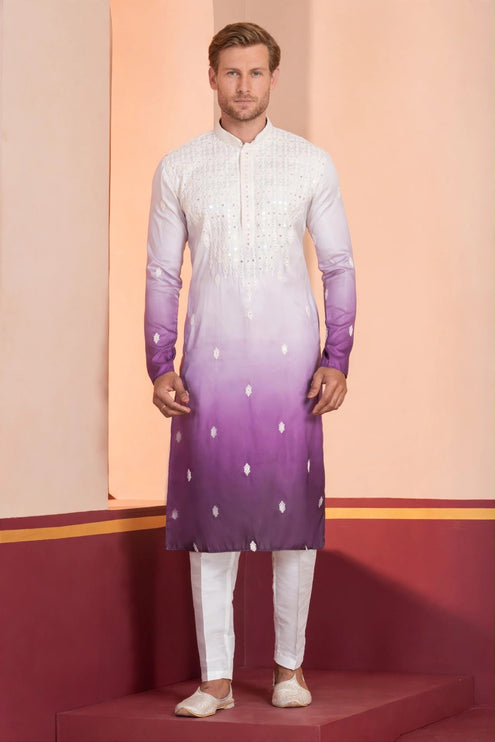 Men's Kurta - Ombré White to Purple - Dual Shade with Sequin Embroidery - Size 40