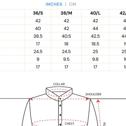 Men's Kurta Size Chart (inches)