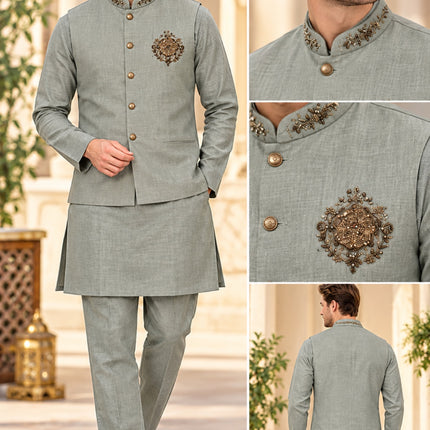 Men's Linen Cotton 3-Piece Kurta Set - Sage Green (collage)