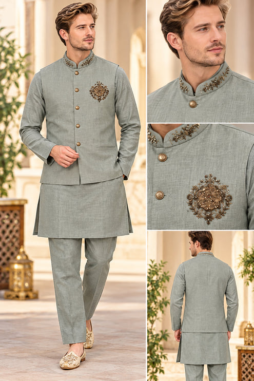 Men's Linen Cotton 3-Piece Kurta Set - Sage Green (collage)