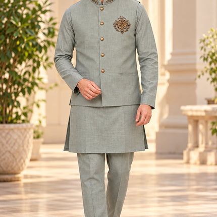 Men's Linen Cotton 3-Piece Kurta Set - Sage Green