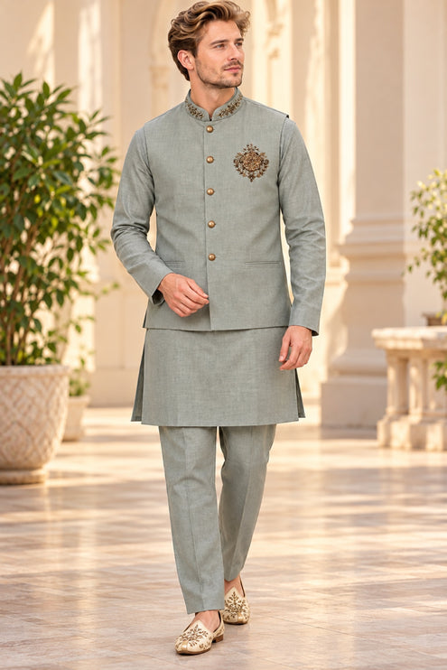 Men's Linen Cotton 3-Piece Kurta Set - Sage Green