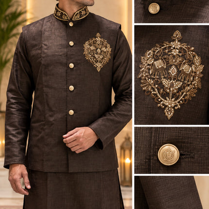 Men's Linen Cotton 3-Piece Kurta Set - Chocolate Brown (collage)