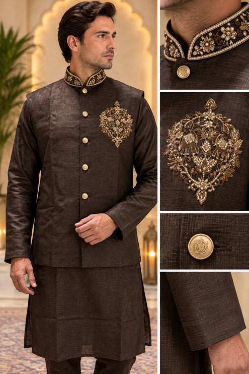 Men's Linen Cotton 3-Piece Kurta Set - Chocolate Brown (collage)