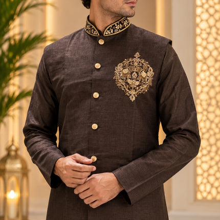Men's Linen Cotton 3-Piece Kurta Set - Chocolate Brown (full)