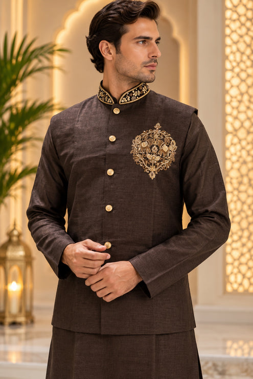 Men's Linen Cotton 3-Piece Kurta Set - Chocolate Brown (full)