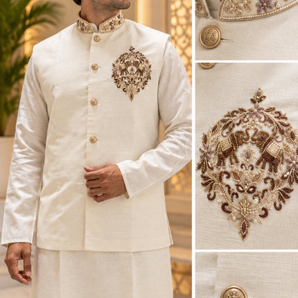 Men's Linen Cotton 3-Piece Kurta Set - Ivory (collage)