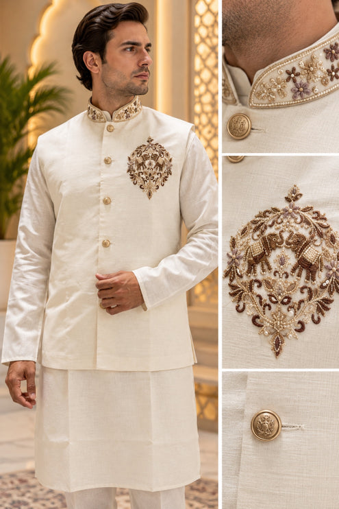 Men's Linen Cotton 3-Piece Kurta Set - Ivory (collage)