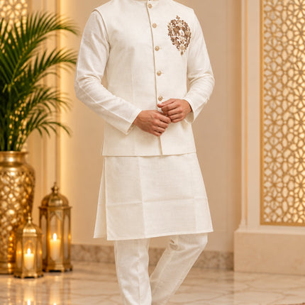 Men's Linen Cotton 3-Piece Kurta Set - Ivory (full)