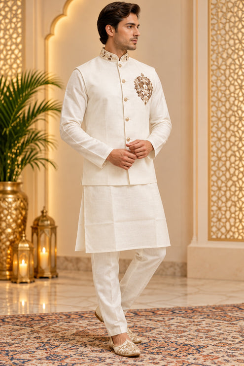 Men's Linen Cotton 3-Piece Kurta Set - Ivory (full)