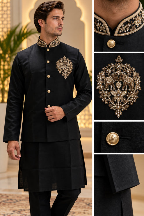 Men's Linen Cotton 3-Piece Kurta Set - Black (collage)