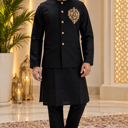 Men's Linen Cotton 3-Piece Kurta Set - Black (full)