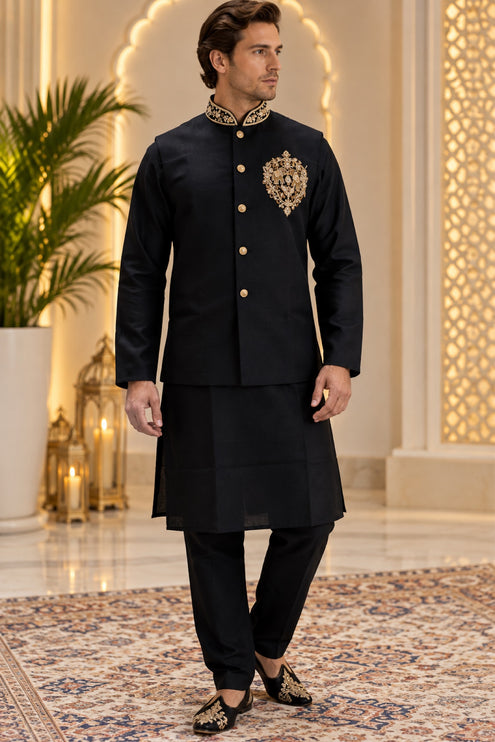 Men's Linen Cotton 3-Piece Kurta Set - Black (full)